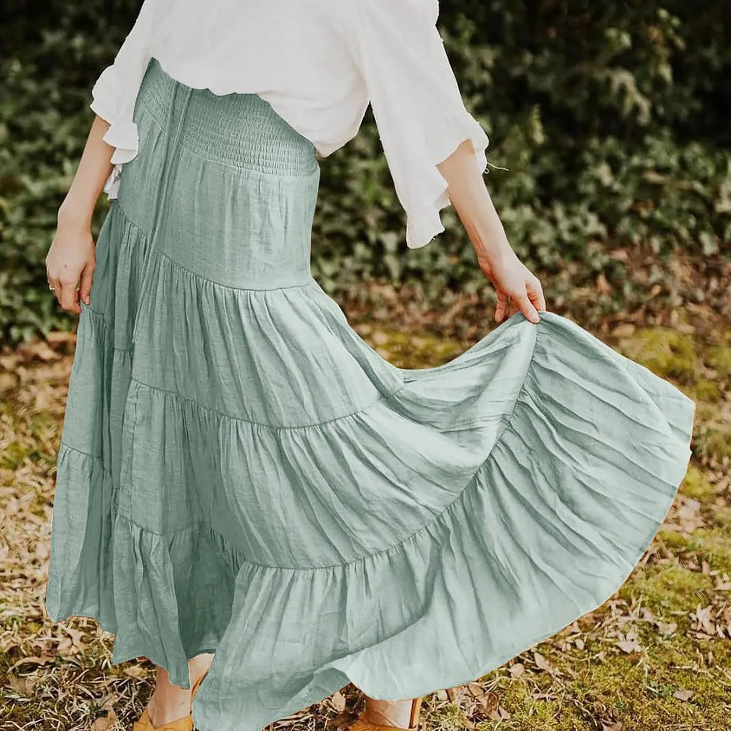 Midi Skirts Womens Boho Elastic High Waist Pleated A-Line Flowy Swing Asymmetric Tiered Maxi Long Skirt Dress