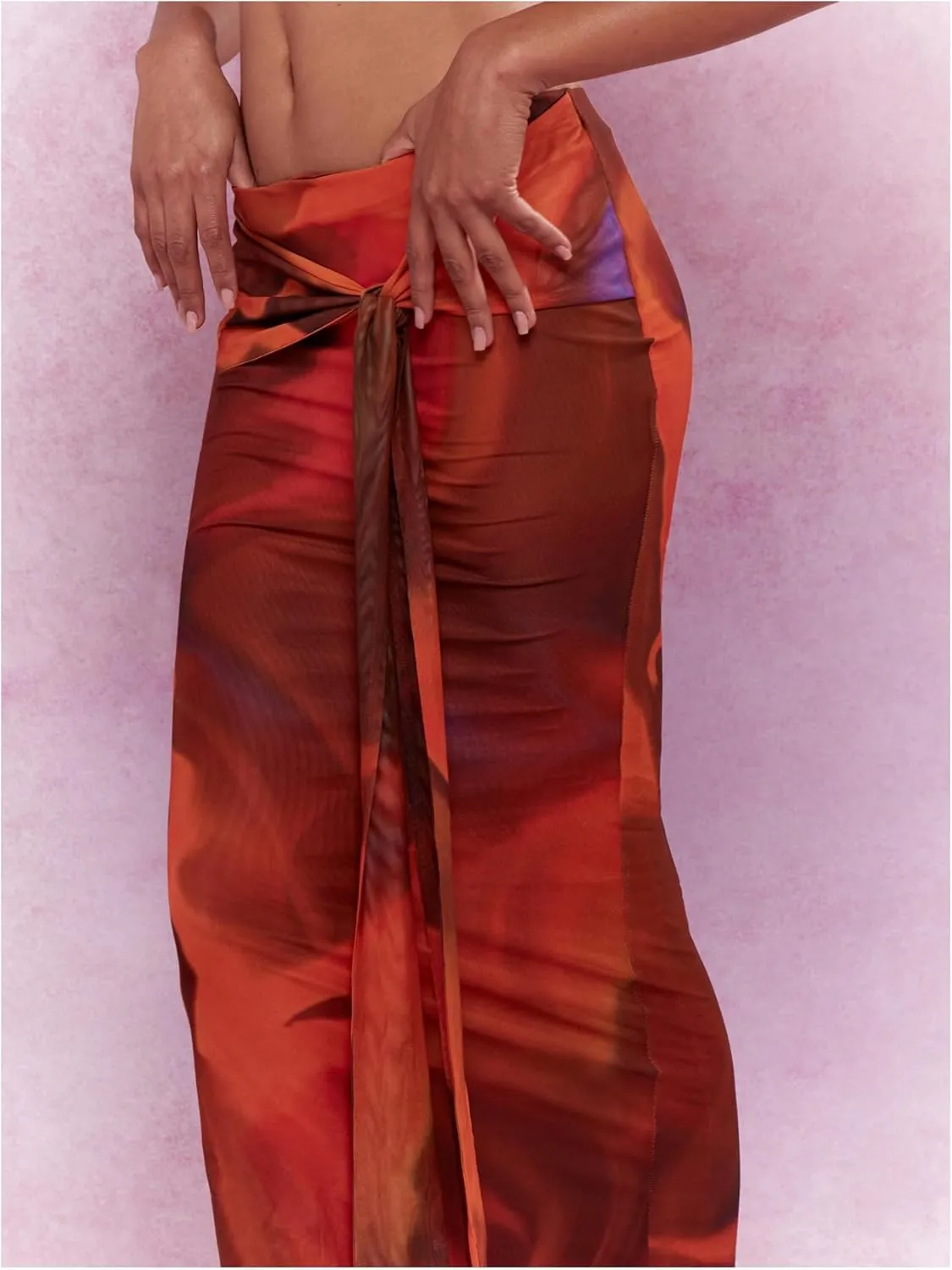 Milumia Women Tie Dye Knot Front Mesh Maxi Skirt Low Waist Bodycon Fishtail Skirts