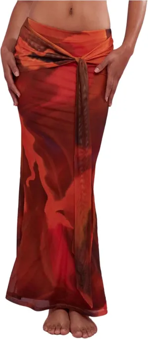 Milumia Women Tie Dye Knot Front Mesh Maxi Skirt Low Waist Bodycon Fishtail Skirts