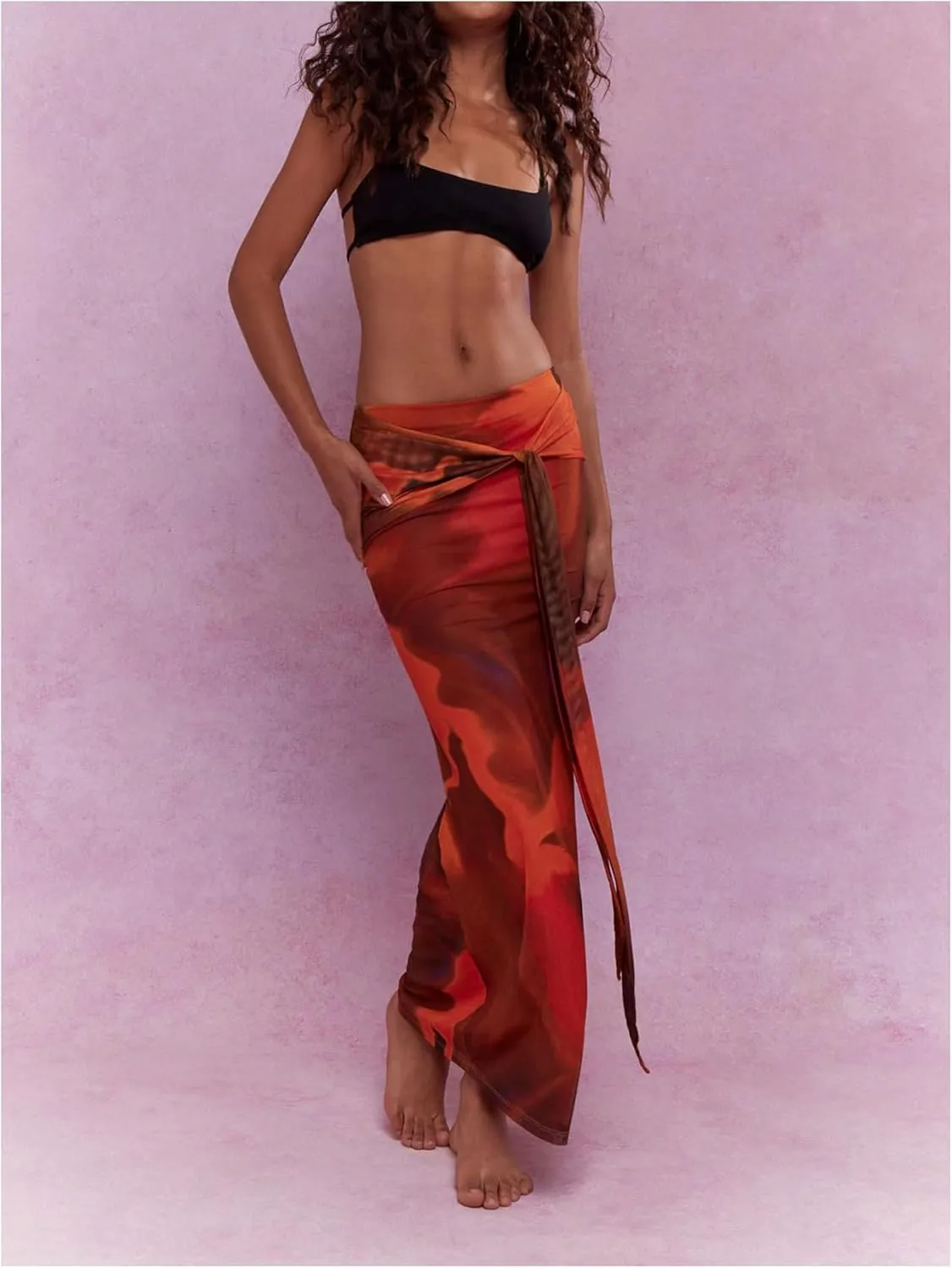 Milumia Women Tie Dye Knot Front Mesh Maxi Skirt Low Waist Bodycon Fishtail Skirts