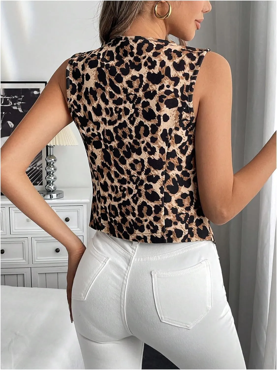 Milumia Women's Leopard Print Button Down Vest V Neck Sleeveless Tank Tops