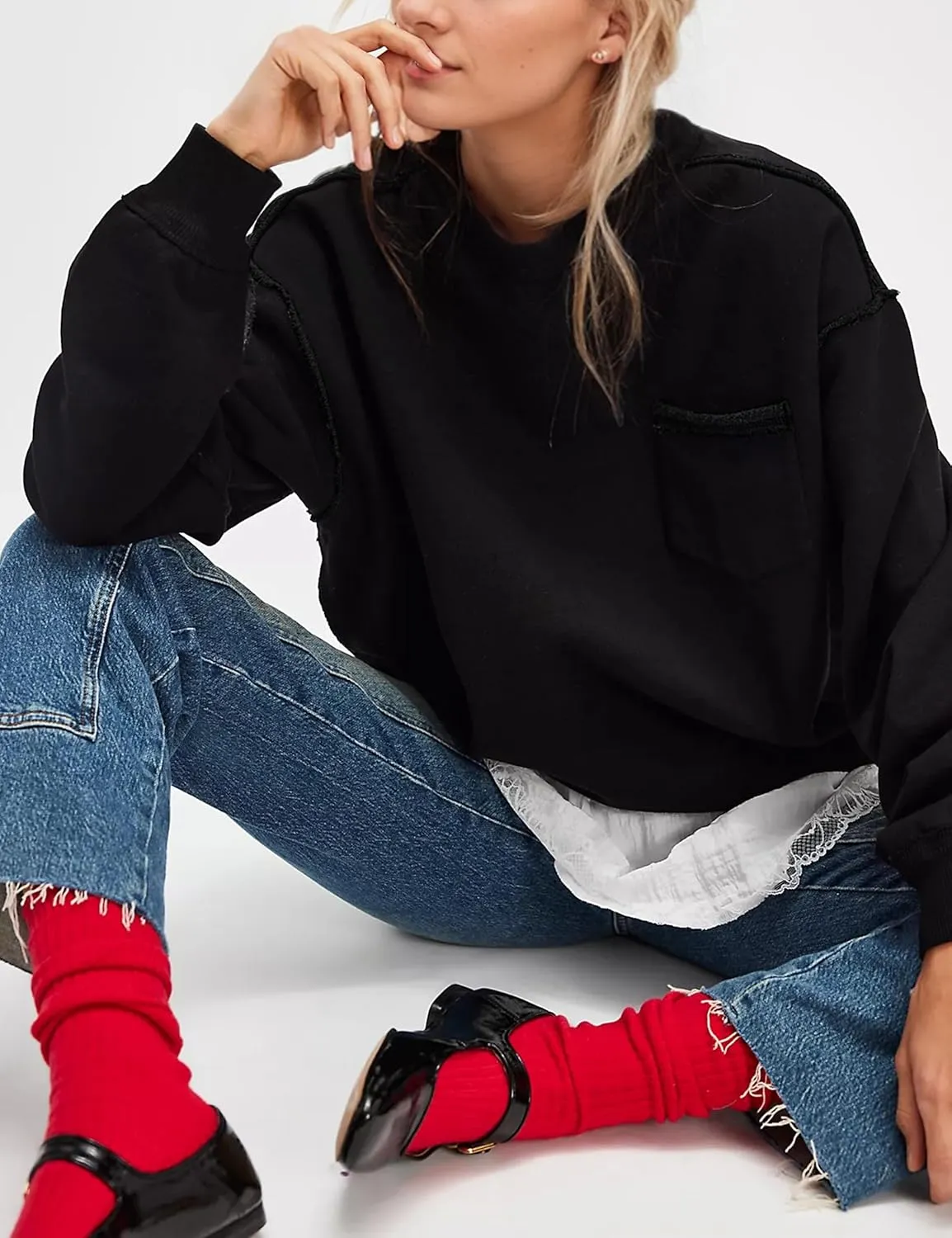 MISSACTIVER Women Oversized Sweatshirts Exposed Seam Pullover Sweatshirt Crewneck Pullover Tops Streetwear with Pocket