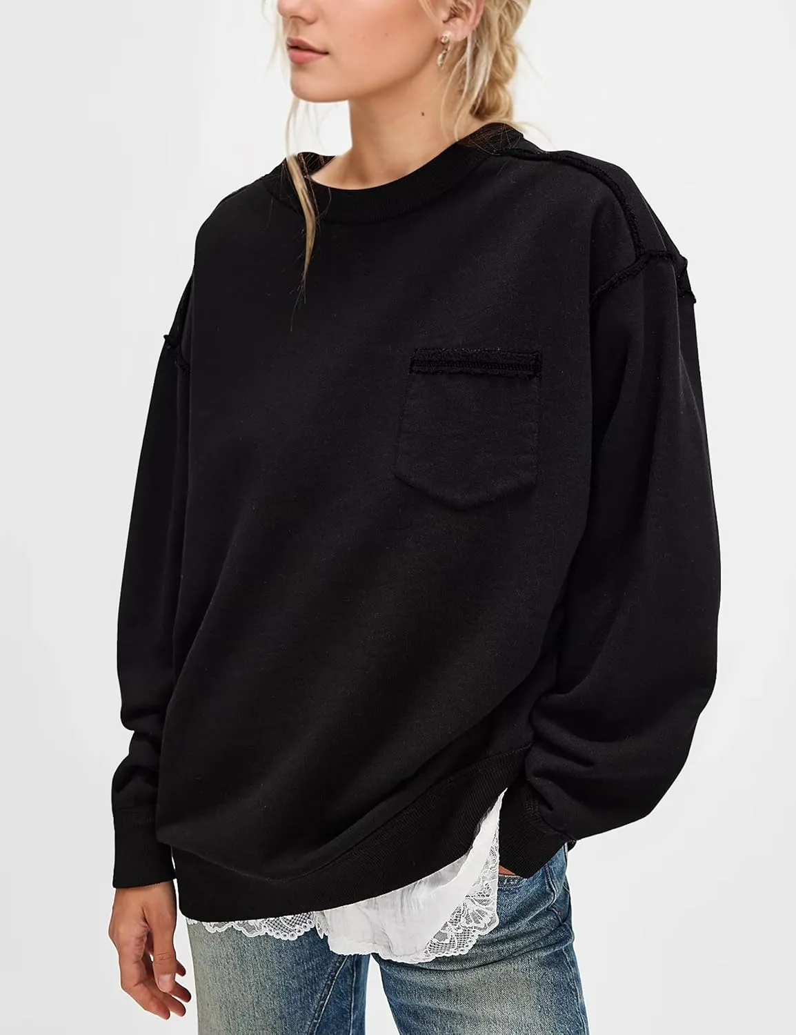 MISSACTIVER Women Oversized Sweatshirts Exposed Seam Pullover Sweatshirt Crewneck Pullover Tops Streetwear with Pocket