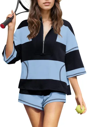 MISSACTIVER Womens 2 Piece Lounge Set Stripe Half Sleeve Oversized Shirts Shorts Summer Two Piece Workout Sets