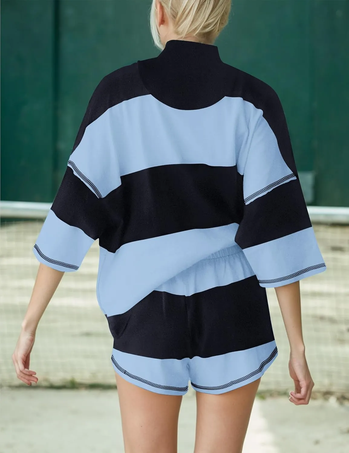 MISSACTIVER Womens 2 Piece Lounge Set Stripe Half Sleeve Oversized Shirts Shorts Summer Two Piece Workout Sets