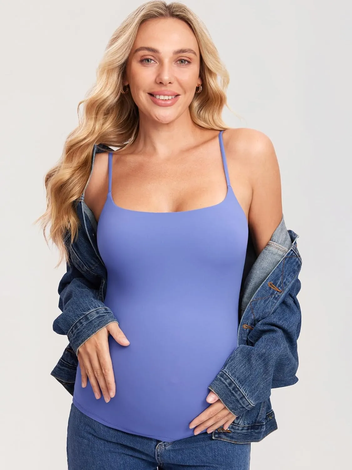 MOMANDA Inbarely Maternity Tank Top for Woman Square Neck Camisole with Built in Bra Sleeveless Pregnancy Basic Yoga Tops