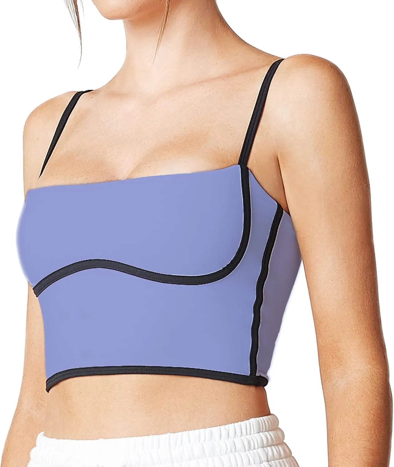 Move With You Sleeveless Spaghetti Strap Padded Sports Bra Tank Tops Square Neck Double Layer Workout Fitness Basic Crop Tops