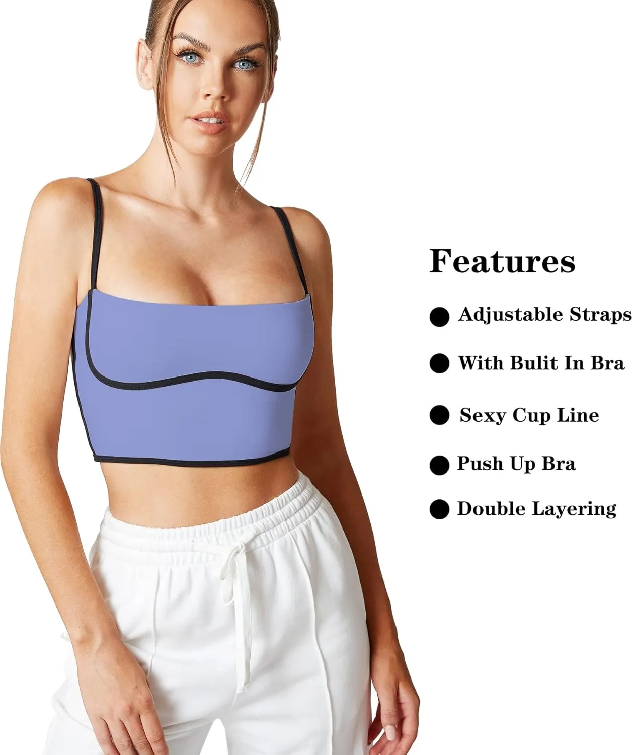 Move With You Sleeveless Spaghetti Strap Padded Sports Bra Tank Tops Square Neck Double Layer Workout Fitness Basic Crop Tops