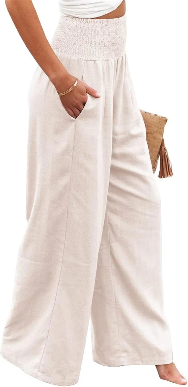 Mtsebmves Women Casual Wide Leg Palazzo Lounge Pants Elastic High Waist Wide Leg Yoga Trousers with Pockets