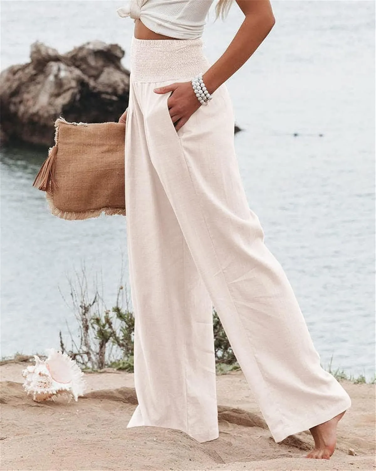 Mtsebmves Women Casual Wide Leg Palazzo Lounge Pants Elastic High Waist Wide Leg Yoga Trousers with Pockets