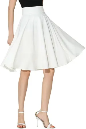 NREALY New Women's Solid Flared Retro Casual Knee Length Pleated Midi Office Work Skirt