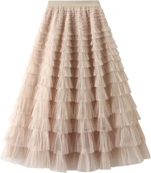 NUFIWI Womens Tiered A Line Skirt Tulle High Waist Layered Mesh Tutu Maxi Skirts Ruffles Long Party Skirt