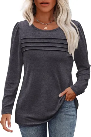 OFEEFAN Long Sleeve Shirts for Women Fall Fashion 2025 Dressy Casual Blouses Trendy Pleated Tunic Tops for Leggings