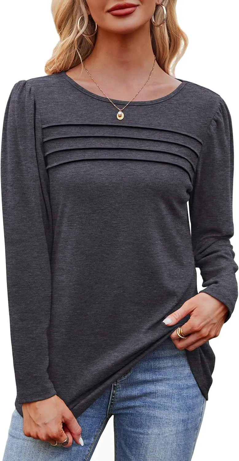 OFEEFAN Long Sleeve Shirts for Women Fall Fashion 2025 Dressy Casual Blouses Trendy Pleated Tunic Tops for Leggings