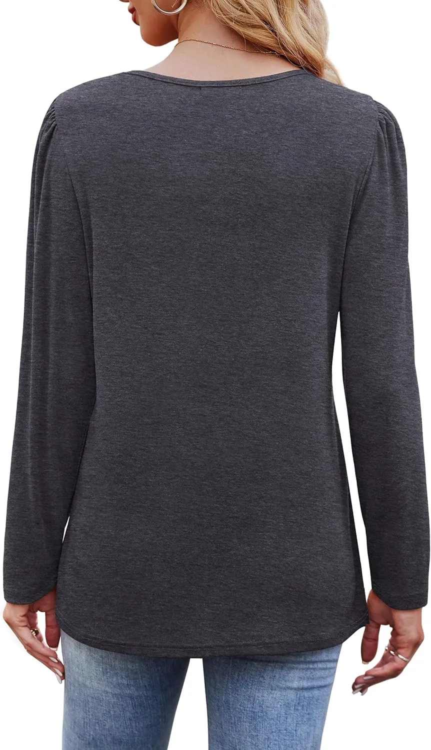 OFEEFAN Long Sleeve Shirts for Women Fall Fashion 2025 Dressy Casual Blouses Trendy Pleated Tunic Tops for Leggings
