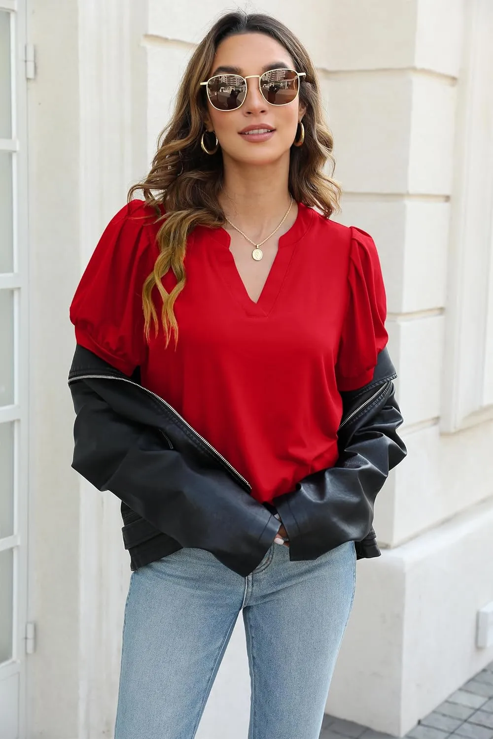 OFEEFAN Women's Pleated Puff Sleeve Tops Summer V Neck Tunic Shirts Loose Curved Hem Blouses Dressy Casual S-3XL