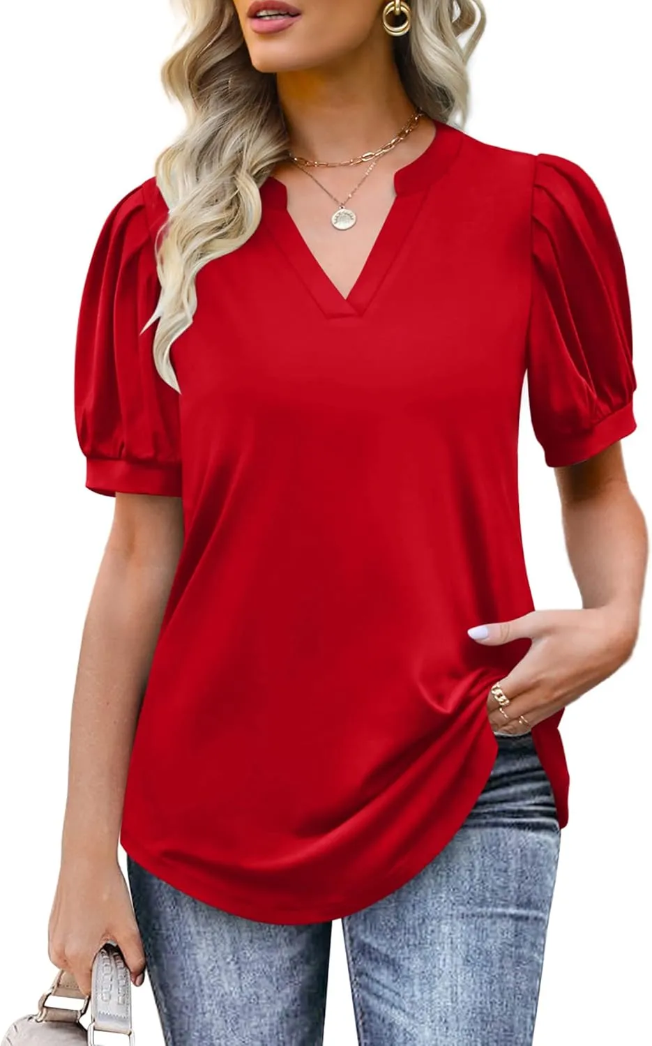 OFEEFAN Women's Pleated Puff Sleeve Tops Summer V Neck Tunic Shirts Loose Curved Hem Blouses Dressy Casual S-3XL