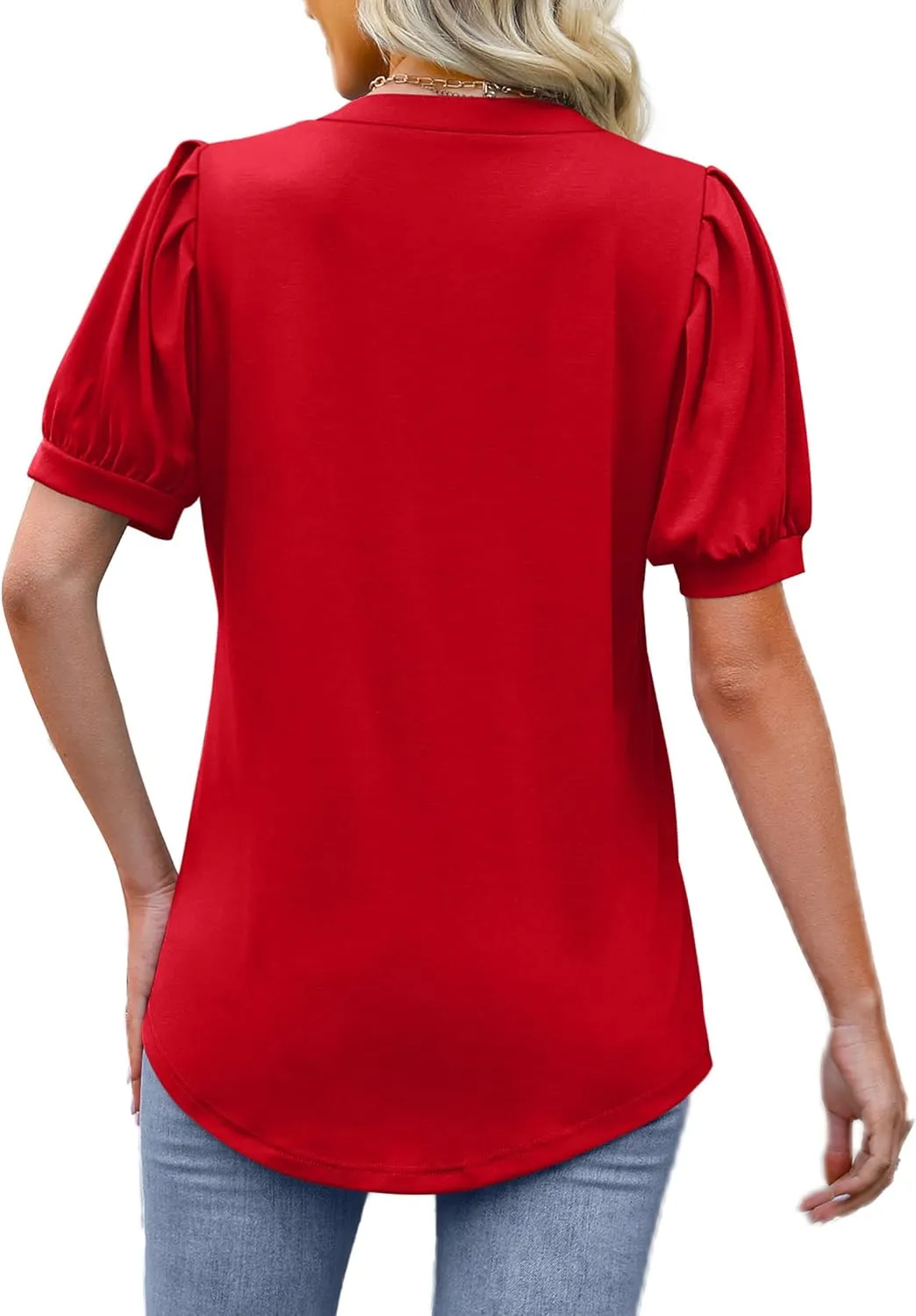 OFEEFAN Women's Pleated Puff Sleeve Tops Summer V Neck Tunic Shirts Loose Curved Hem Blouses Dressy Casual S-3XL