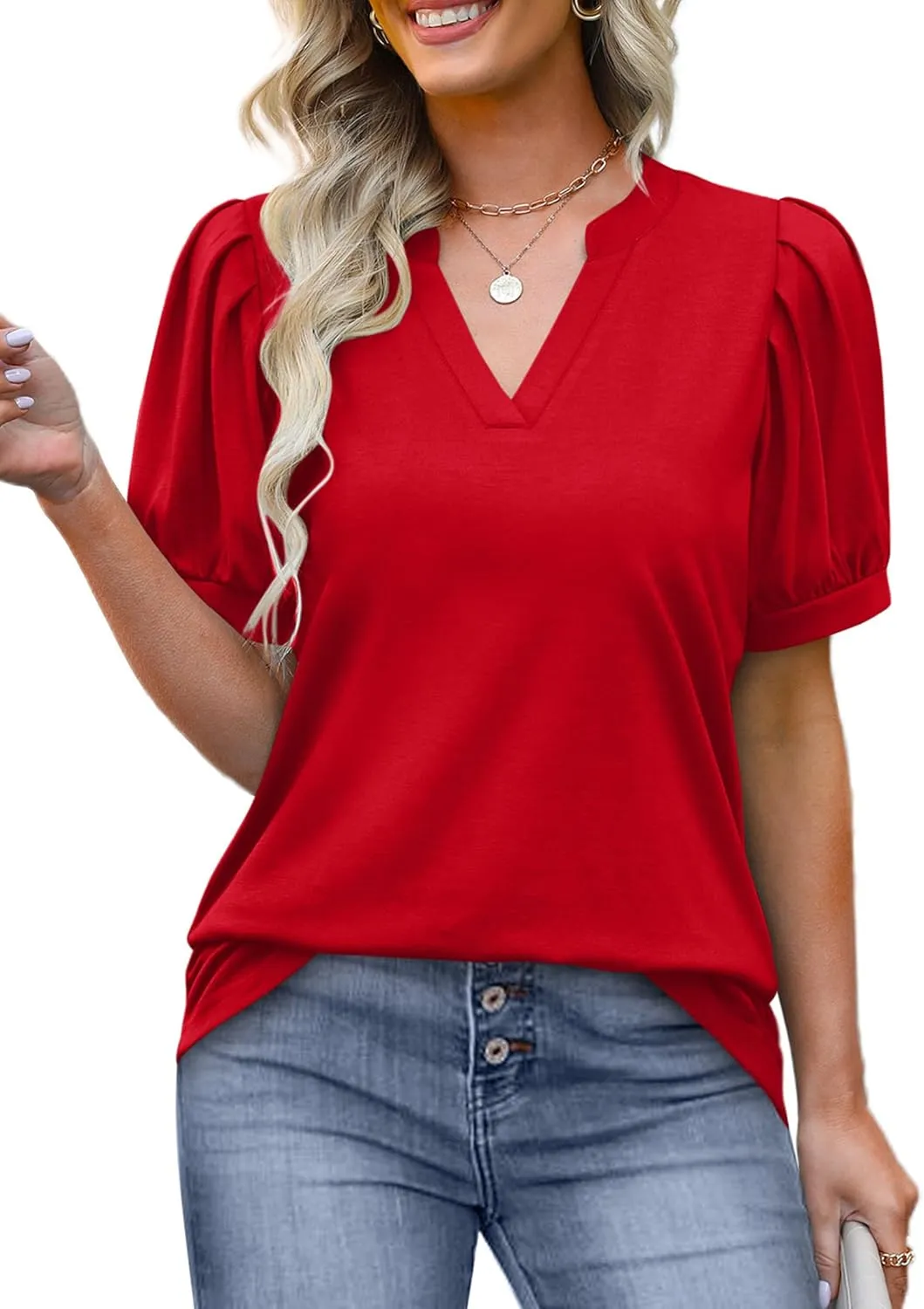 OFEEFAN Women's Pleated Puff Sleeve Tops Summer V Neck Tunic Shirts Loose Curved Hem Blouses Dressy Casual S-3XL