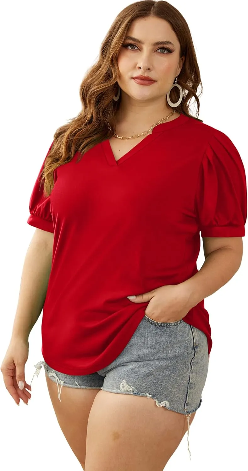 OFEEFAN Women's Pleated Puff Sleeve Tops Summer V Neck Tunic Shirts Loose Curved Hem Blouses Dressy Casual S-3XL