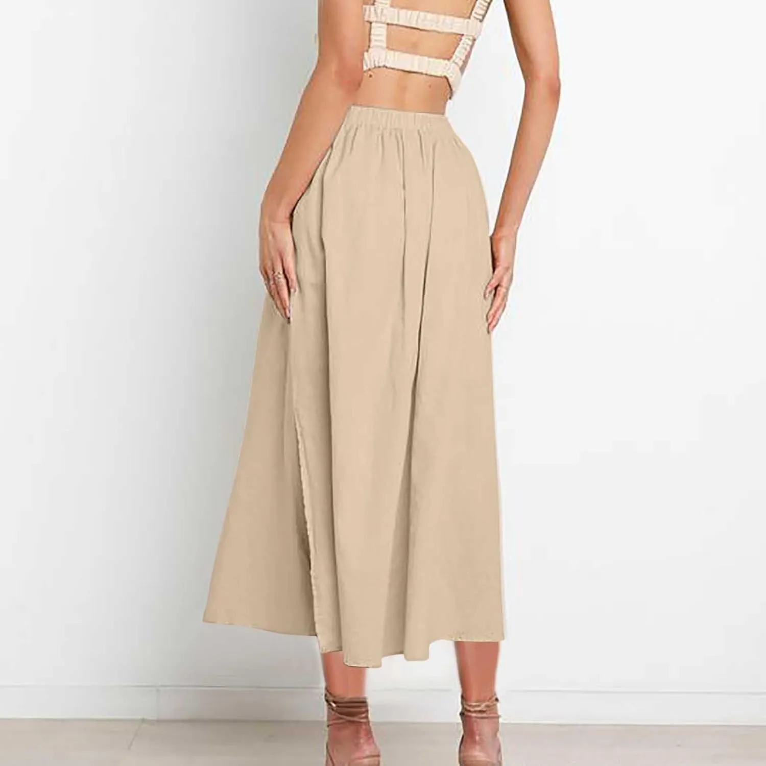 Oplxuo Women's High Elastic Waist Maxi Skirts Casual Loose A-Line Flowy Swing Long Skirt with Pockets