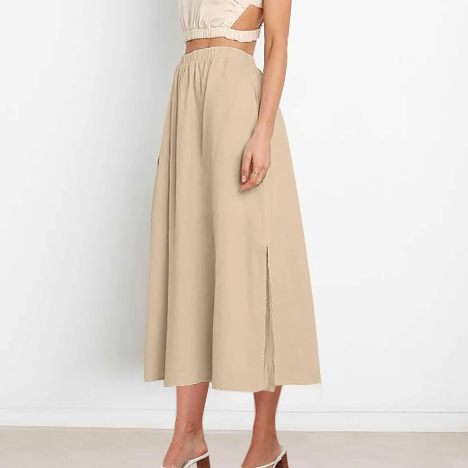 Oplxuo Women's High Elastic Waist Maxi Skirts Casual Loose A-Line Flowy Swing Long Skirt with Pockets