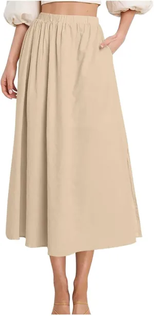 Oplxuo Women's High Elastic Waist Maxi Skirts Casual Loose A-Line Flowy Swing Long Skirt with Pockets