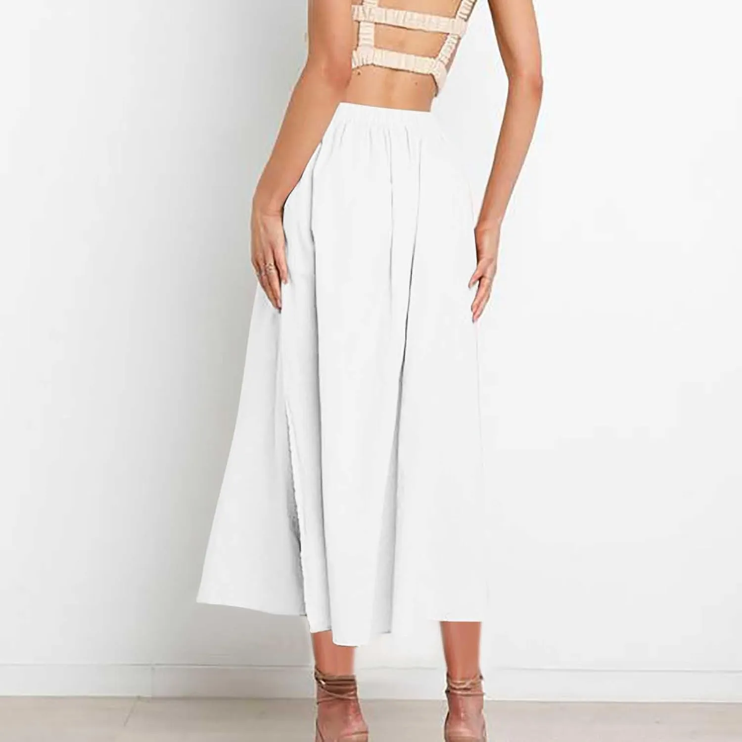 Oplxuo Women's High Elastic Waist Maxi Skirts Casual Loose A-Line Flowy Swing Long Skirt with Pockets