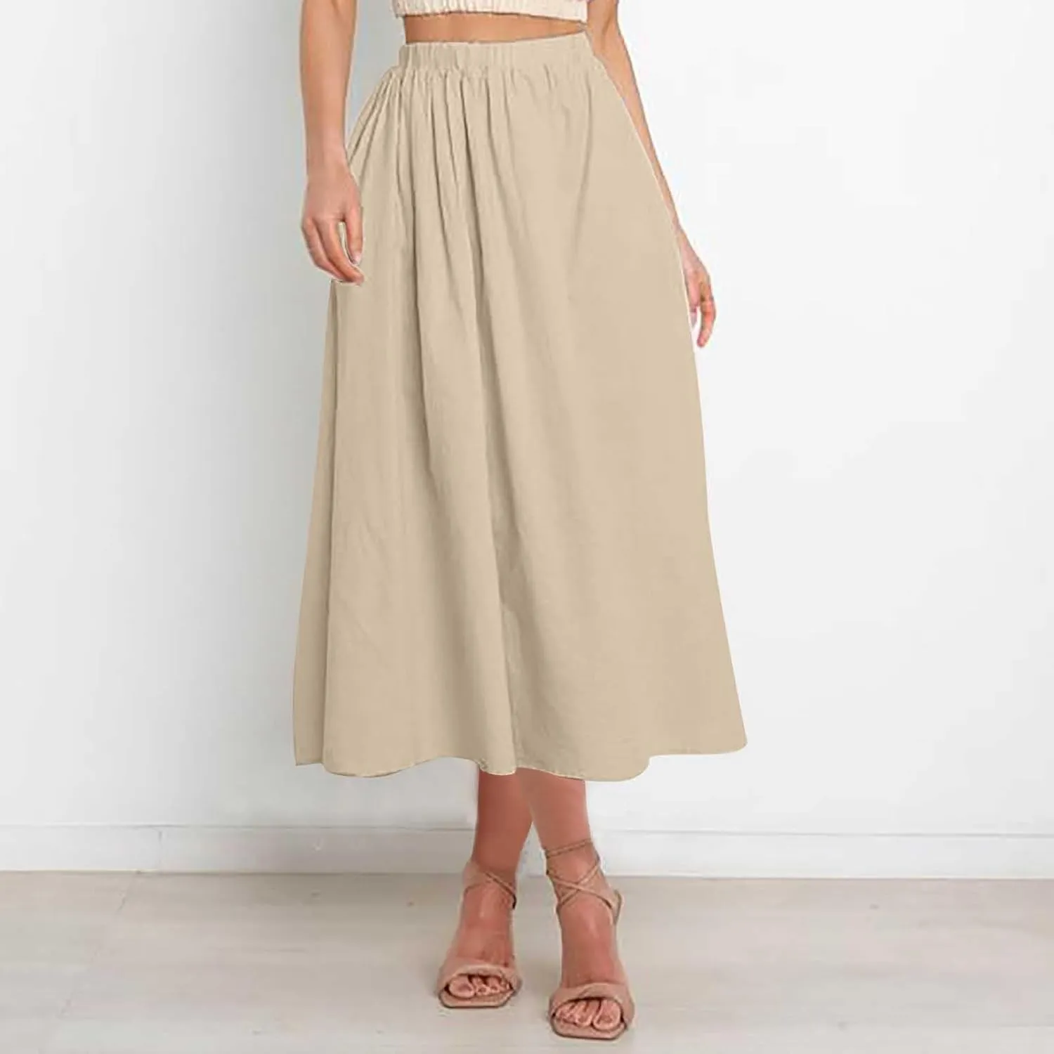 Oplxuo Women's High Elastic Waist Maxi Skirts Casual Loose A-Line Flowy Swing Long Skirt with Pockets