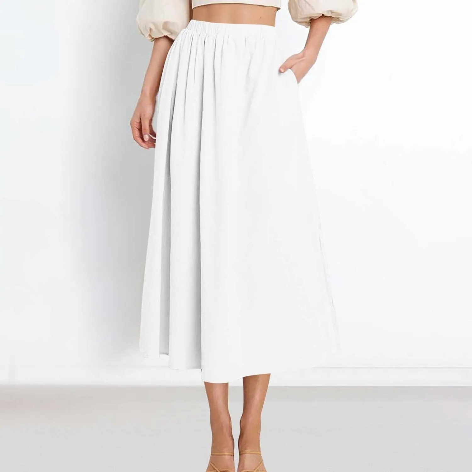 Oplxuo Women's High Elastic Waist Maxi Skirts Casual Loose A-Line Flowy Swing Long Skirt with Pockets