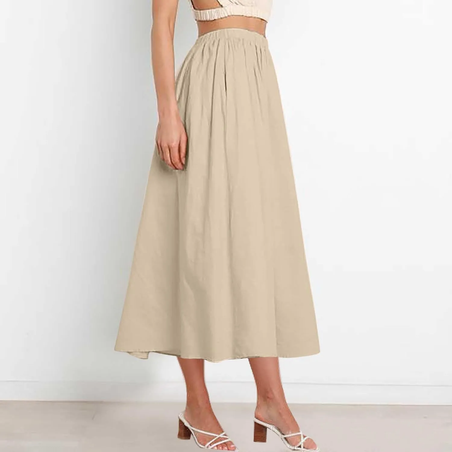 Oplxuo Women's High Elastic Waist Maxi Skirts Casual Loose A-Line Flowy Swing Long Skirt with Pockets