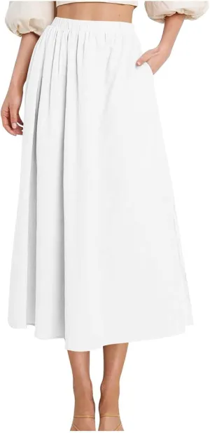 Oplxuo Women's High Elastic Waist Maxi Skirts Casual Loose A-Line Flowy Swing Long Skirt with Pockets