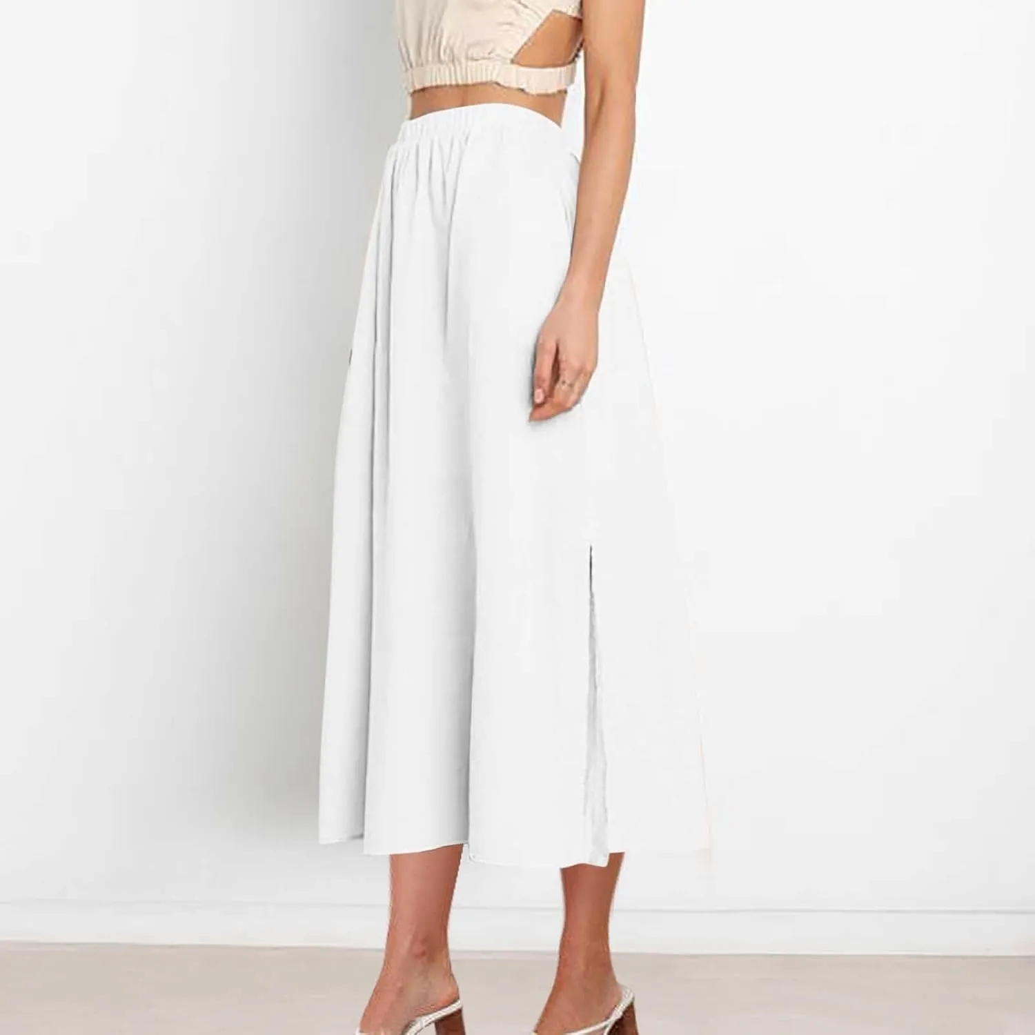 Oplxuo Women's High Elastic Waist Maxi Skirts Casual Loose A-Line Flowy Swing Long Skirt with Pockets