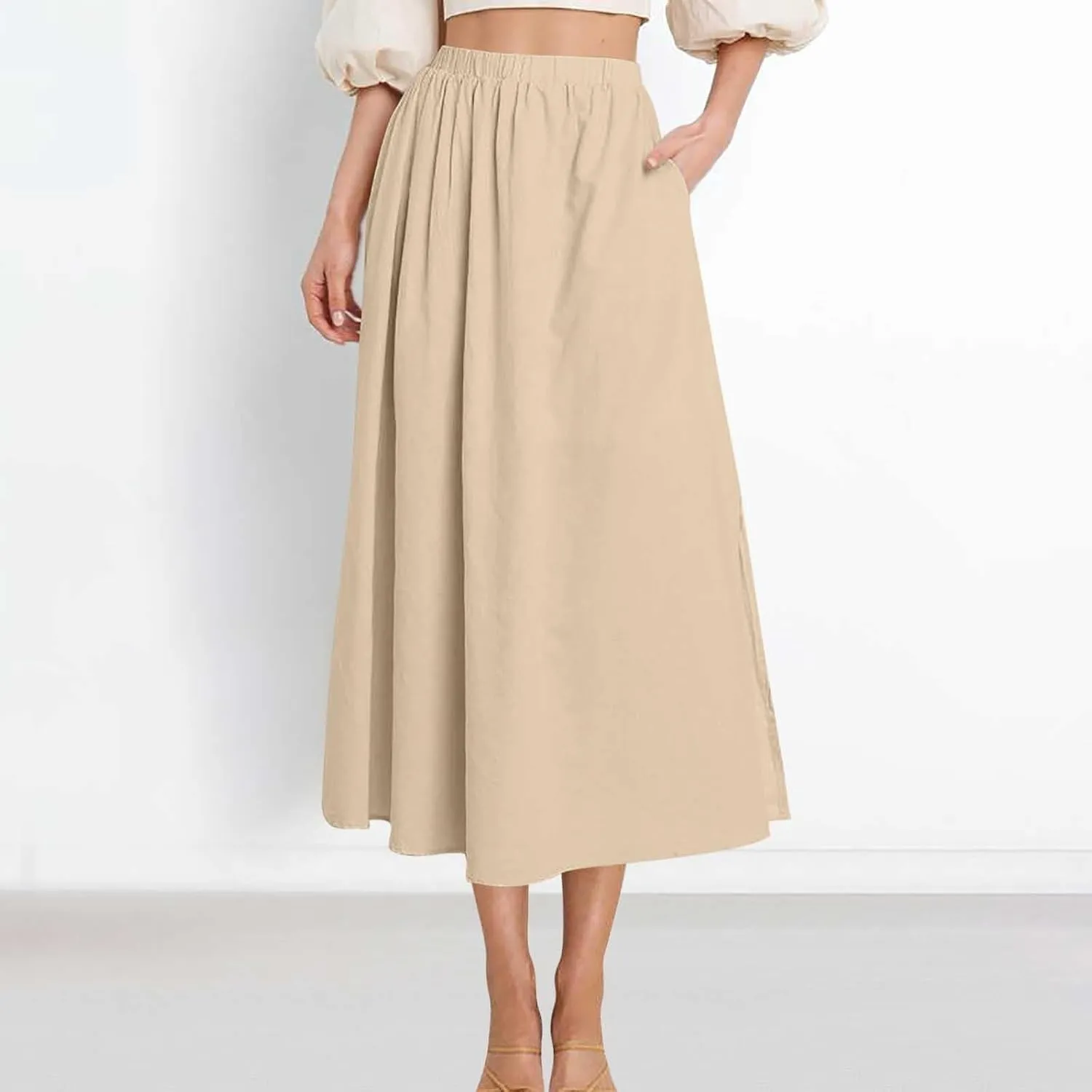 Oplxuo Women's High Elastic Waist Maxi Skirts Casual Loose A-Line Flowy Swing Long Skirt with Pockets