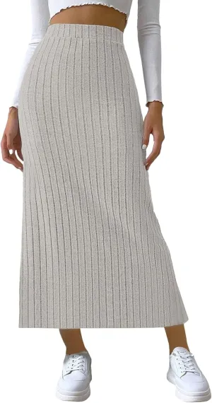 Oplxuo Women's Ribbed Knit Maxi Skirt with Side Slit - Stretchy Work Business Casual Pull-On High Waisted Pencil Skirts