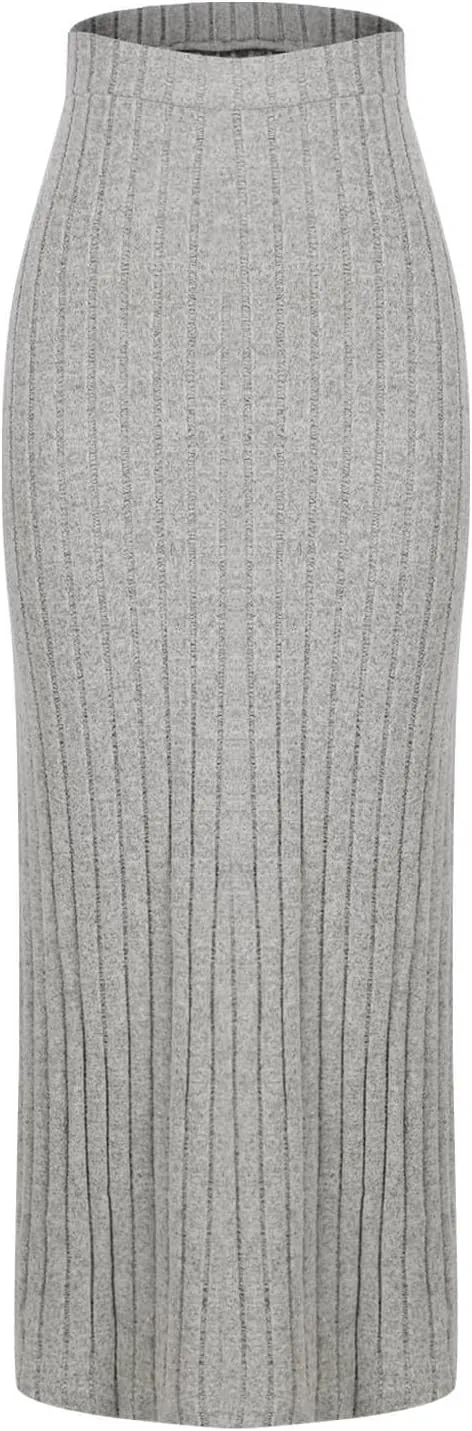 Oplxuo Women's Ribbed Knit Maxi Skirt with Side Slit - Stretchy Work Business Casual Pull-On High Waisted Pencil Skirts
