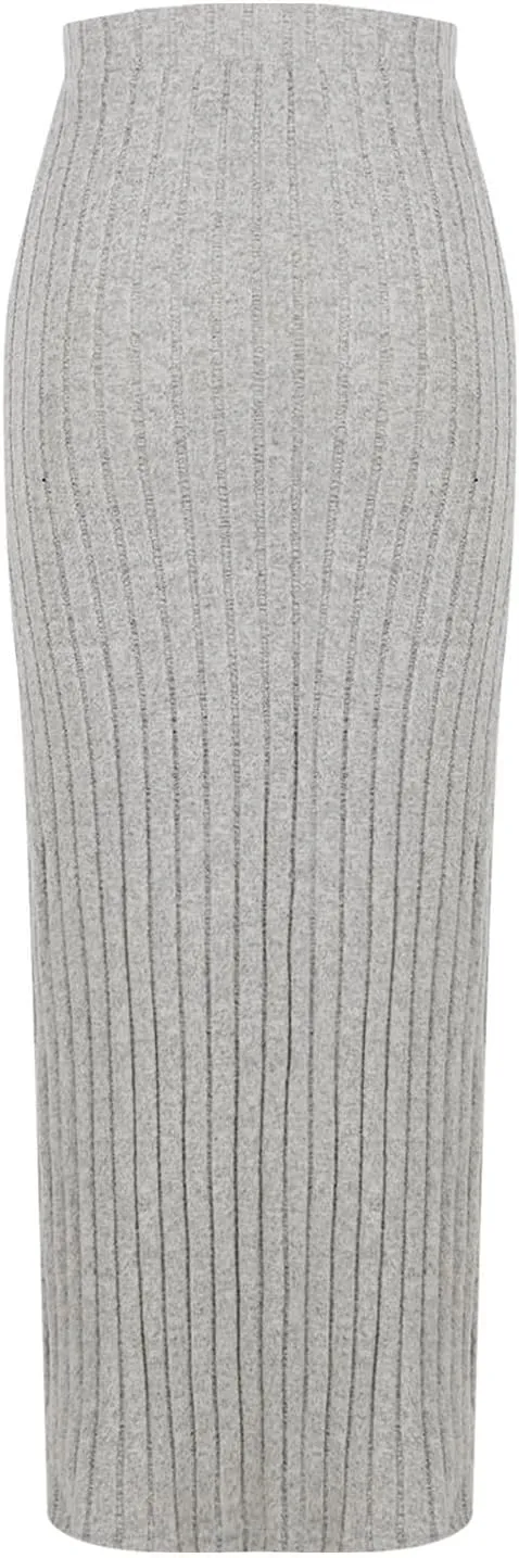Oplxuo Women's Ribbed Knit Maxi Skirt with Side Slit - Stretchy Work Business Casual Pull-On High Waisted Pencil Skirts