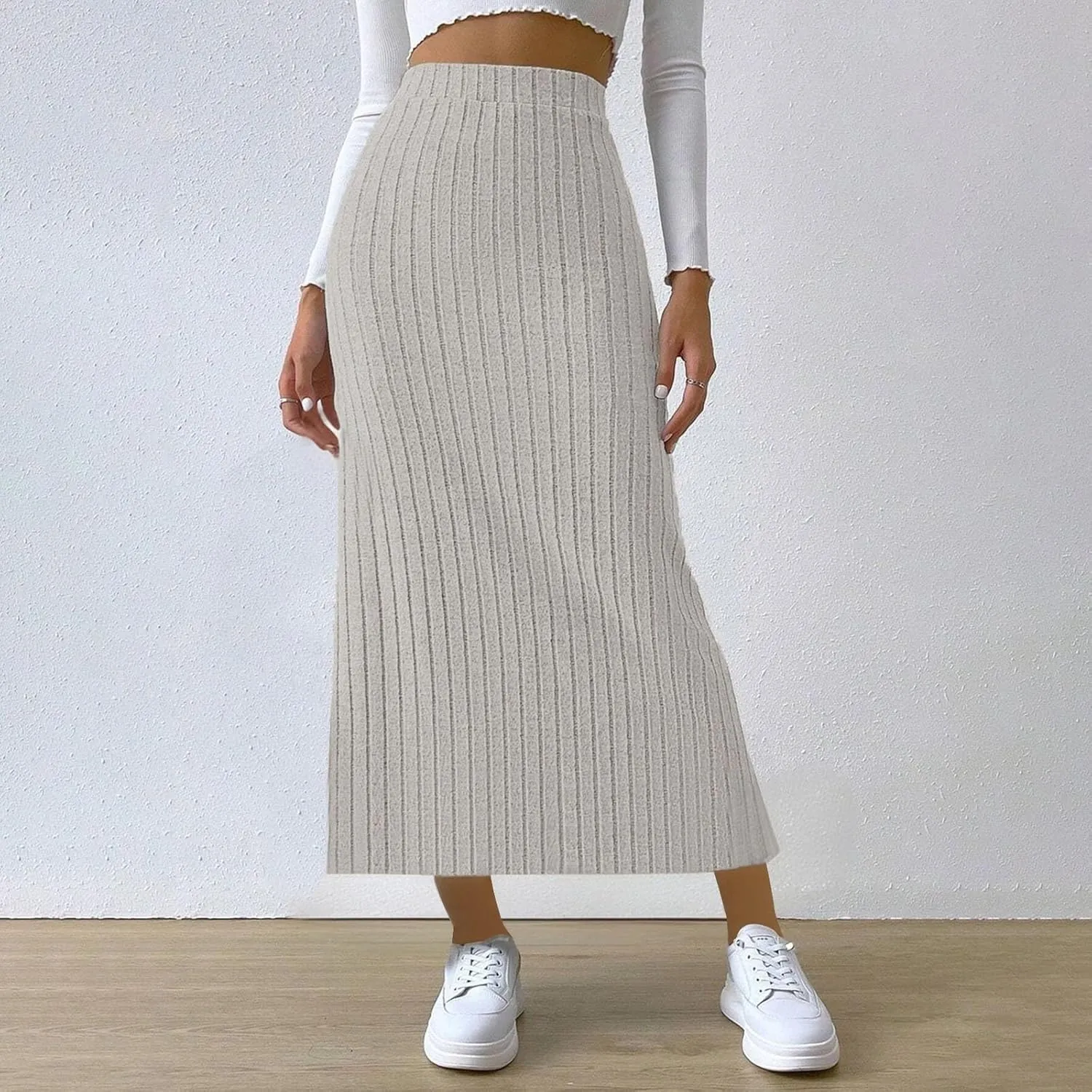 Oplxuo Women's Ribbed Knit Maxi Skirt with Side Slit - Stretchy Work Business Casual Pull-On High Waisted Pencil Skirts