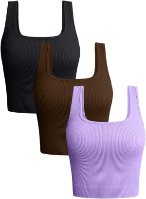OQQ Women's 3 Piece Tank Tops Ribbed Seamless Workout Exercise Shirts 2025 Summer Basic Camis