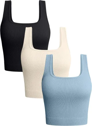 OQQ Women's 3 Piece Tank Tops Ribbed Seamless Workout Exercise Shirts 2025 Summer Basic Camis