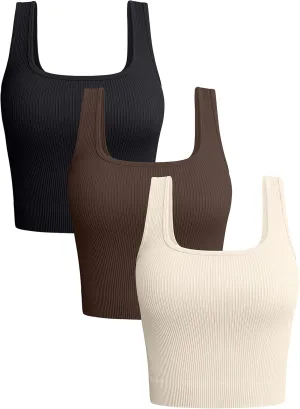 OQQ Women's 3 Piece Tank Tops Ribbed Seamless Workout Exercise Shirts 2025 Summer Basic Camis