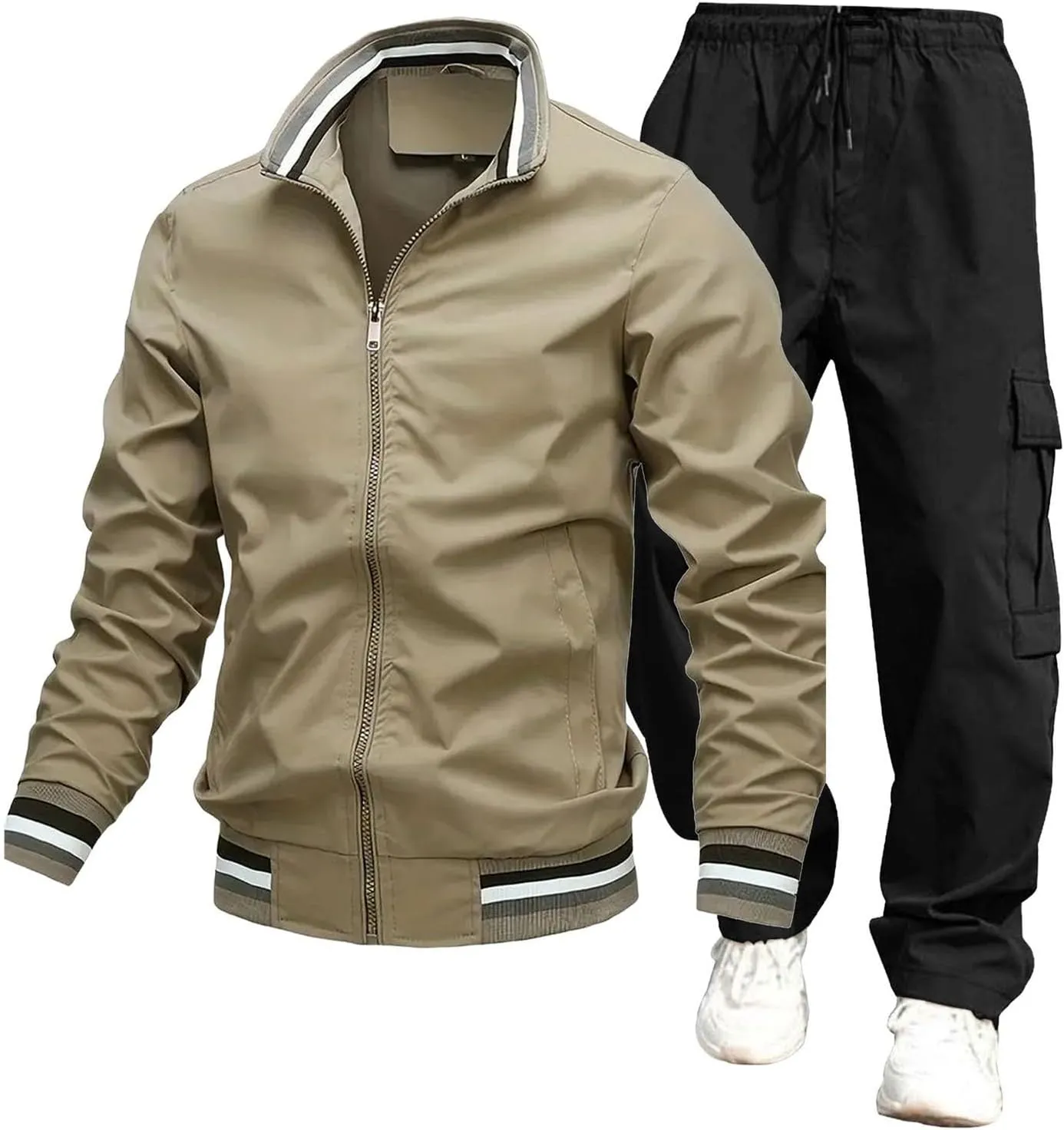 Overalls Suit for Mens 2 Piece Casual Stand Collar Full Zipper Long Sleeve Coat Cargo Pants Trendy Sport Running Set