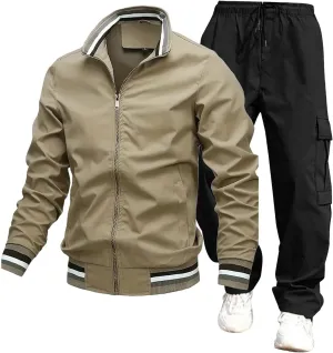 Overalls Suit for Mens 2 Piece Casual Stand Collar Full Zipper Long Sleeve Coat Cargo Pants Trendy Sport Running Set