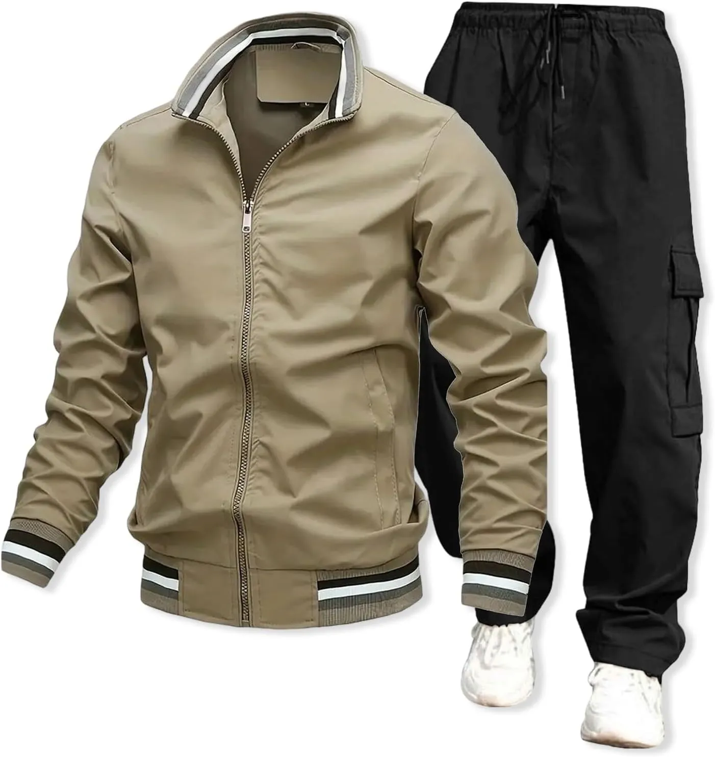 Overalls Suit for Mens 2 Piece Casual Stand Collar Full Zipper Long Sleeve Coat Cargo Pants Trendy Sport Running Set