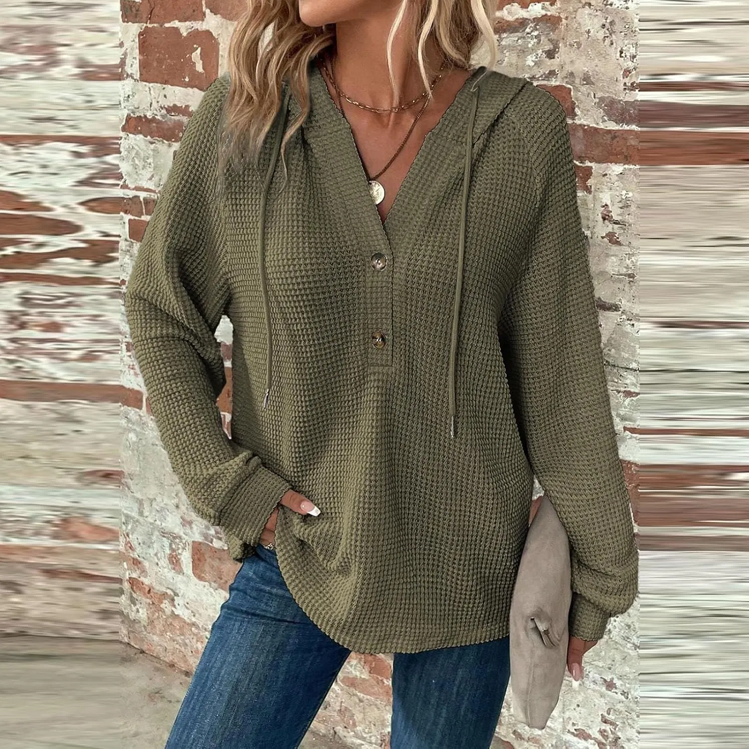 Oversized Hoodies for Women Trendy Waffle Knit V Neck Sweatshirt Cute Y2k Hoodie Long Sleeve Pullover Tops