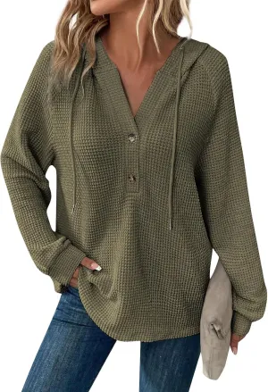 Oversized Hoodies for Women Trendy Waffle Knit V Neck Sweatshirt Cute Y2k Hoodie Long Sleeve Pullover Tops
