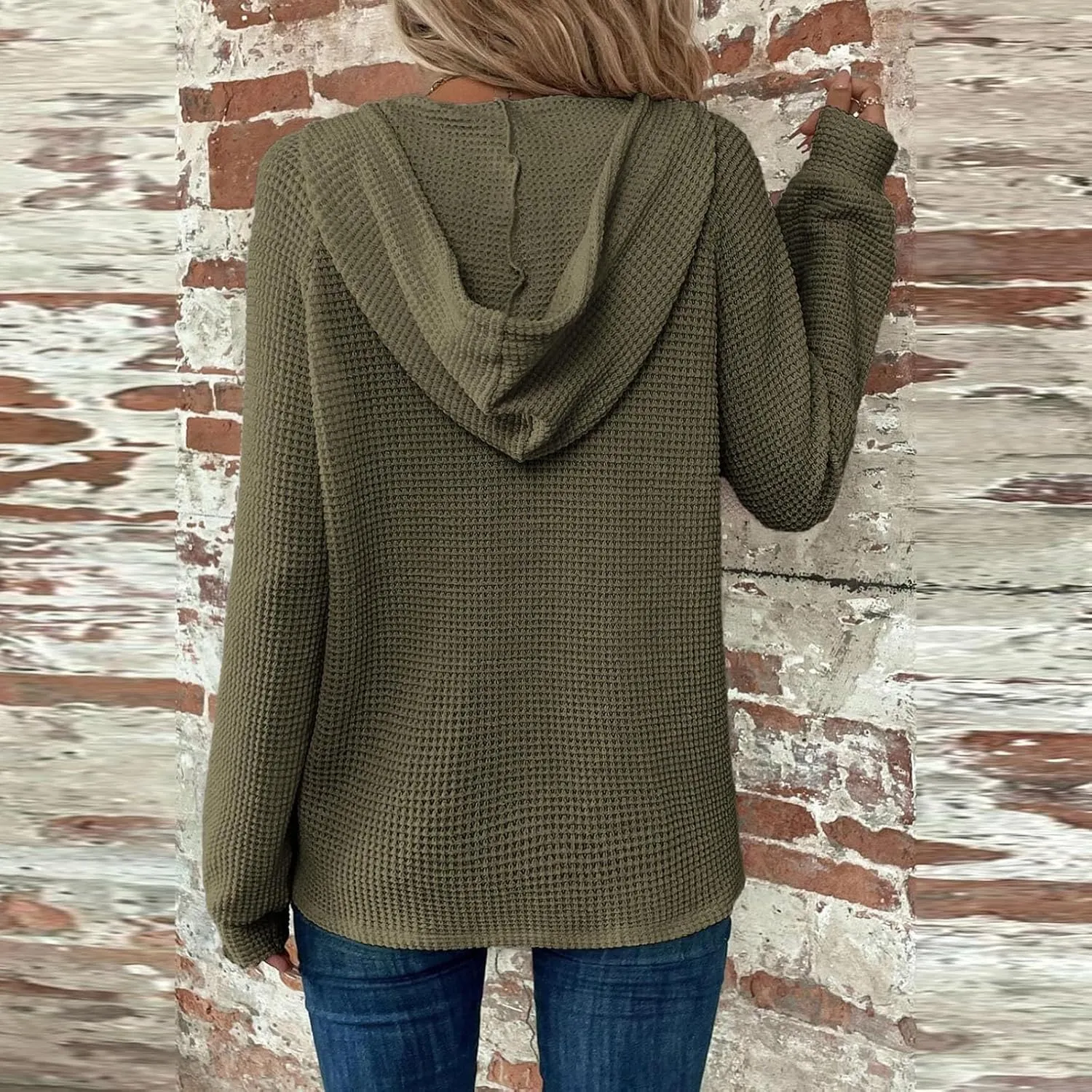 Oversized Hoodies for Women Trendy Waffle Knit V Neck Sweatshirt Cute Y2k Hoodie Long Sleeve Pullover Tops