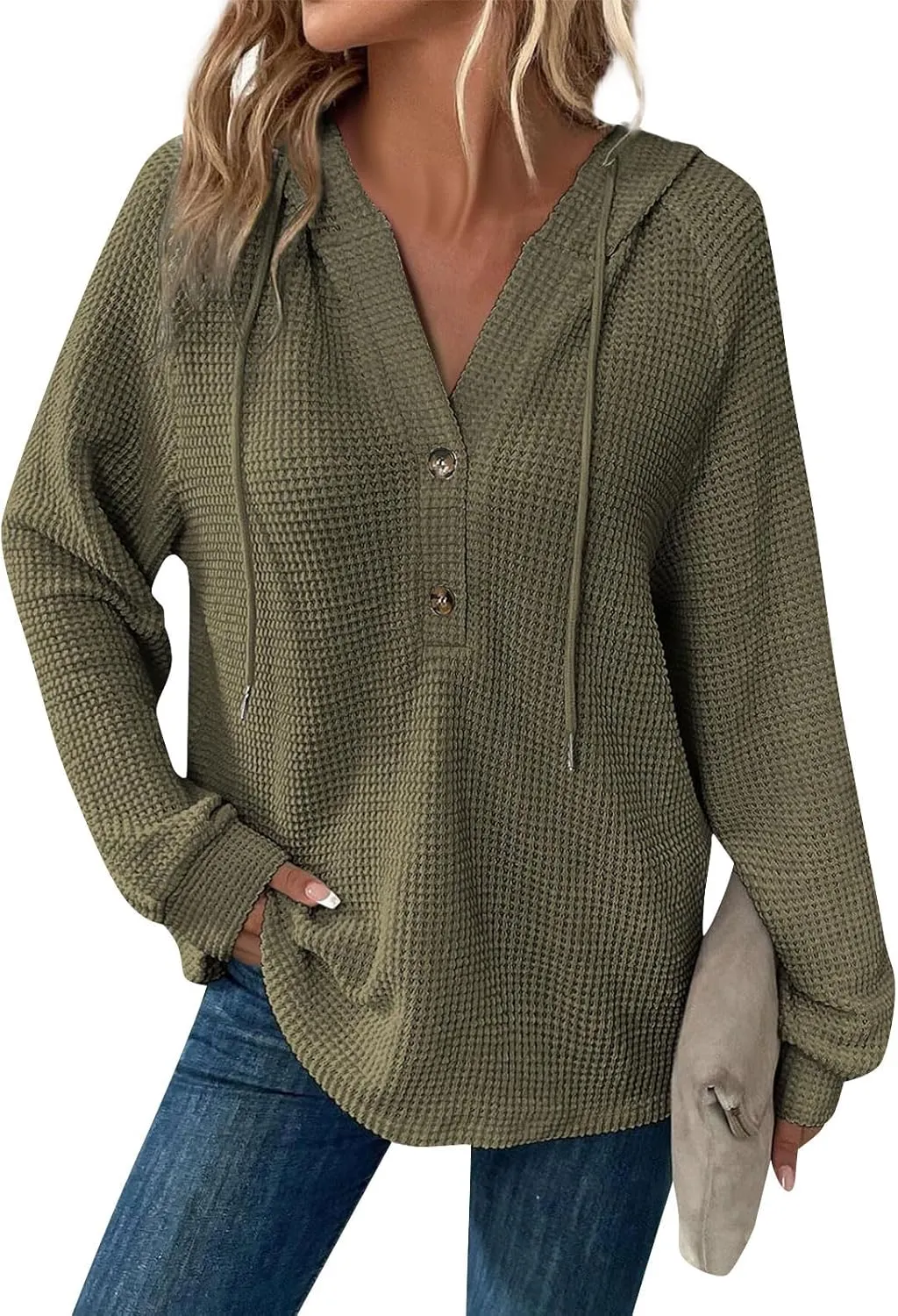 Oversized Hoodies for Women Trendy Waffle Knit V Neck Sweatshirt Cute Y2k Hoodie Long Sleeve Pullover Tops