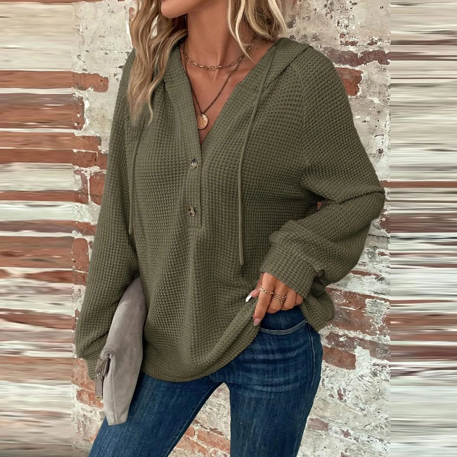 Oversized Hoodies for Women Trendy Waffle Knit V Neck Sweatshirt Cute Y2k Hoodie Long Sleeve Pullover Tops