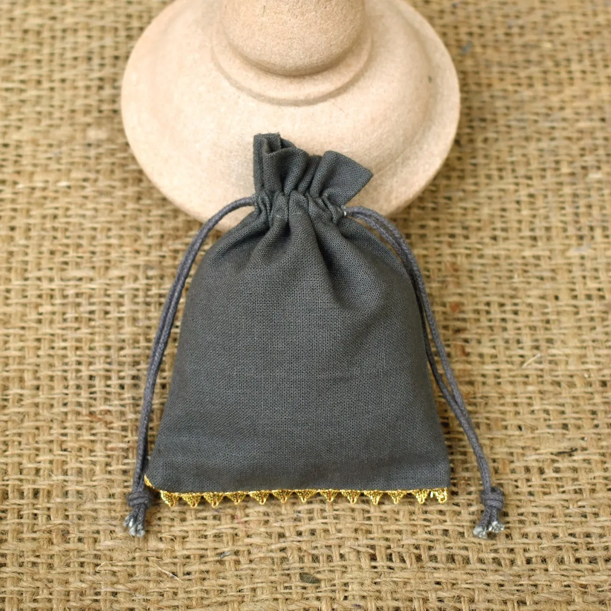 Personalized Logo Small Bags Drawstring Pouches Bottom Gold Lace Handmade Jewelry Grey Pouches – CraftJaipur